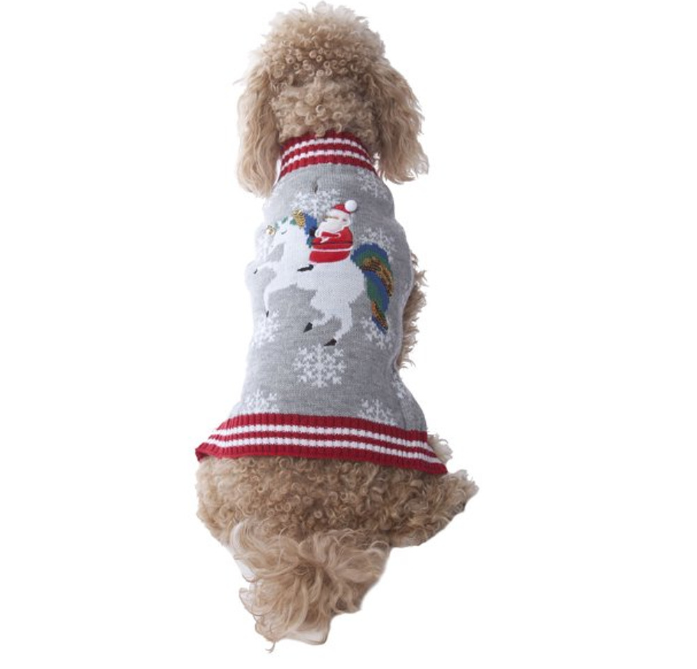 Holiday Time Santa Unicorn Dog Christmas Sweater Medium 20-50lbs Red Gray Sequin